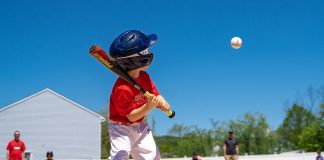 A Team Mom Spills the Tea on Kids’ Sports young boy in a red uniform stands at bat