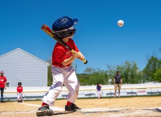 A Team Mom Spills the Tea on Kids’ Sports young boy in a red uniform stands at bat