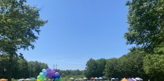 Rainbow balloon arch leads to a field with vendor tents around the edge.