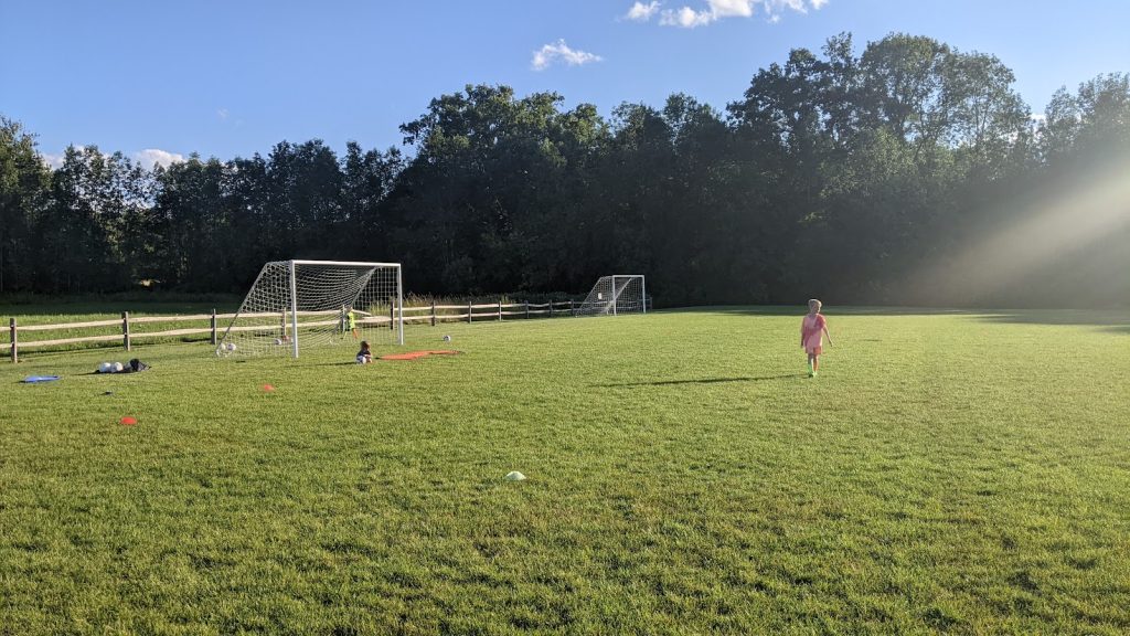 one child on a soccer field with blue skies and the sun shining down