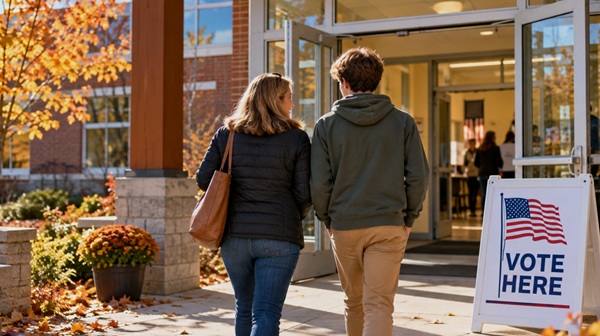 mother and teen son walk into polling place to vote